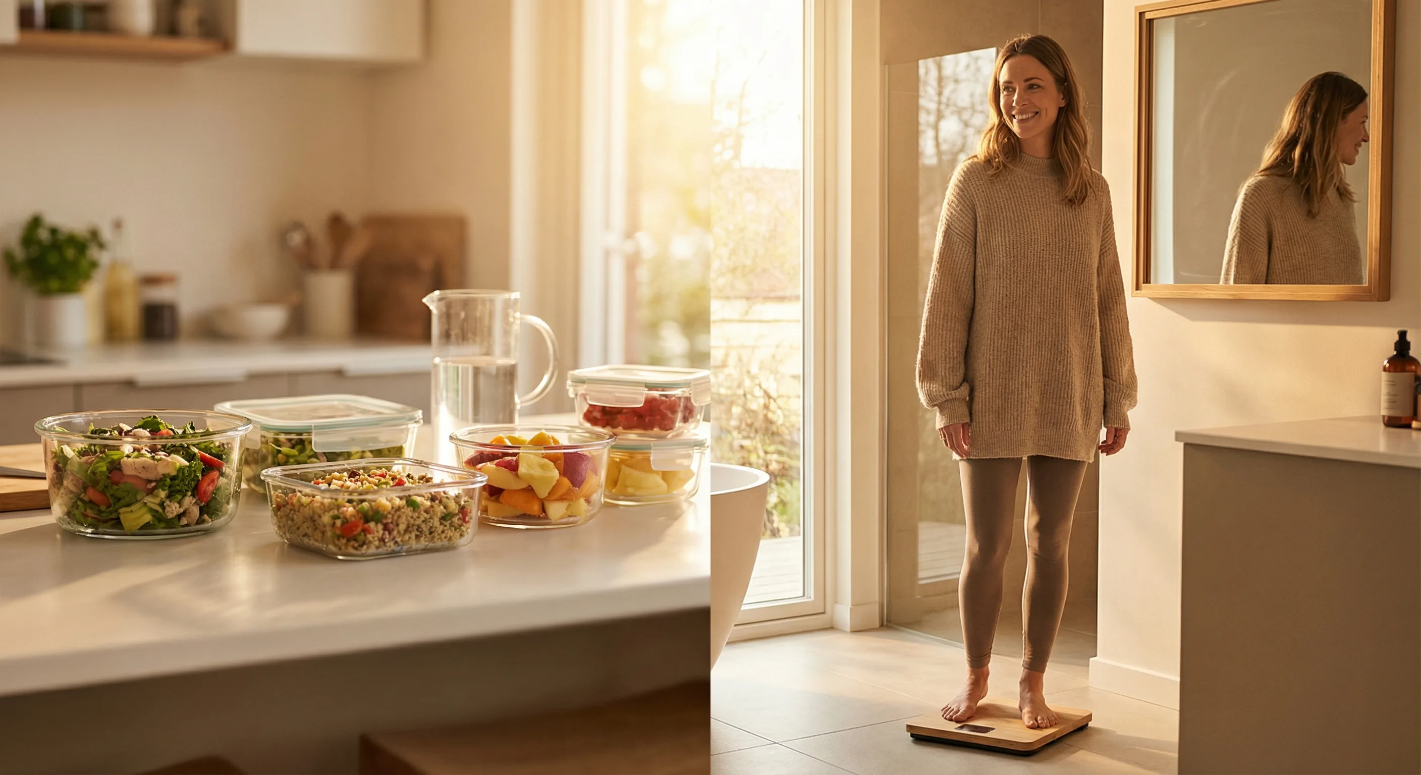 Woman checking weight loss progress in morning light with healthy meal prep