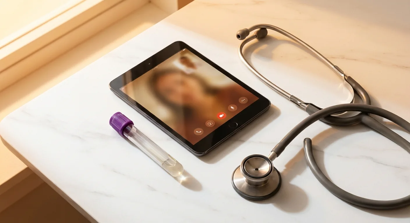 Lab specimen tube and telehealth consultation on white surface